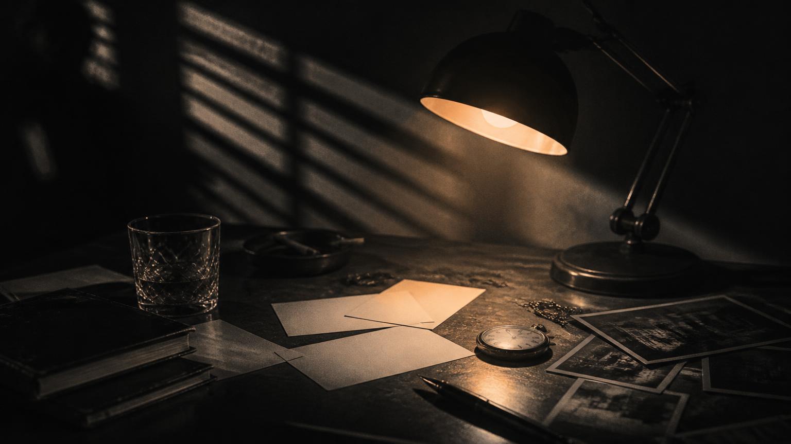 Evidence cards, a pocket watch and a glass on a dark desk under a single lamp