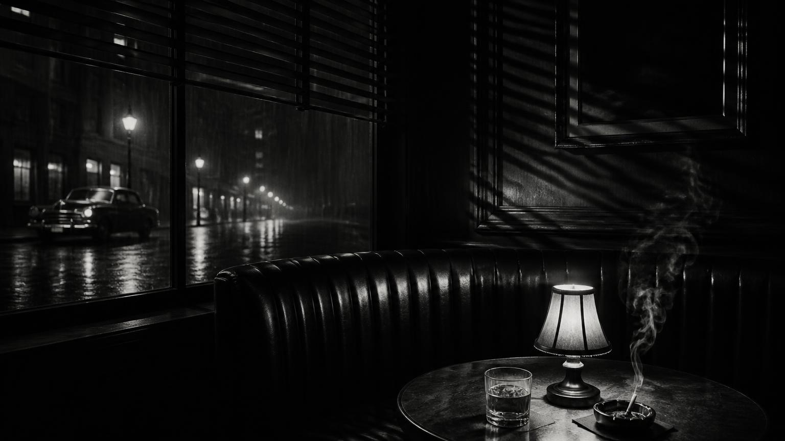 A black and white noir bar booth beside a rain-soaked city street at night