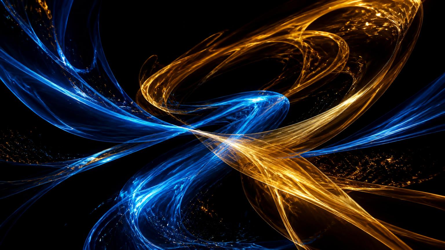 Ribbons of blue and gold light frozen mid-motion against black