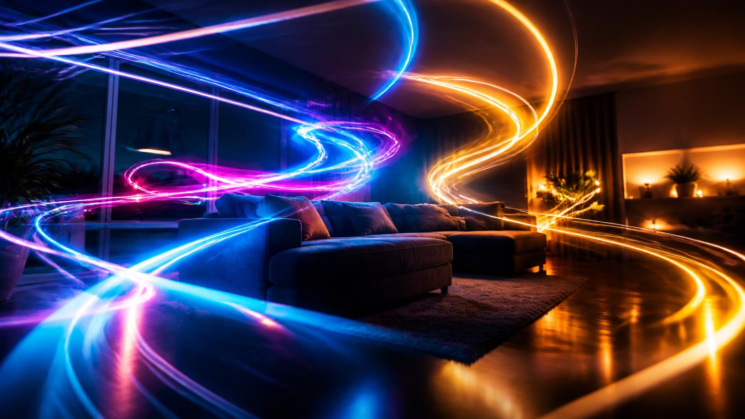 Long-exposure light trails in blue, magenta and gold sweeping through a dark living room