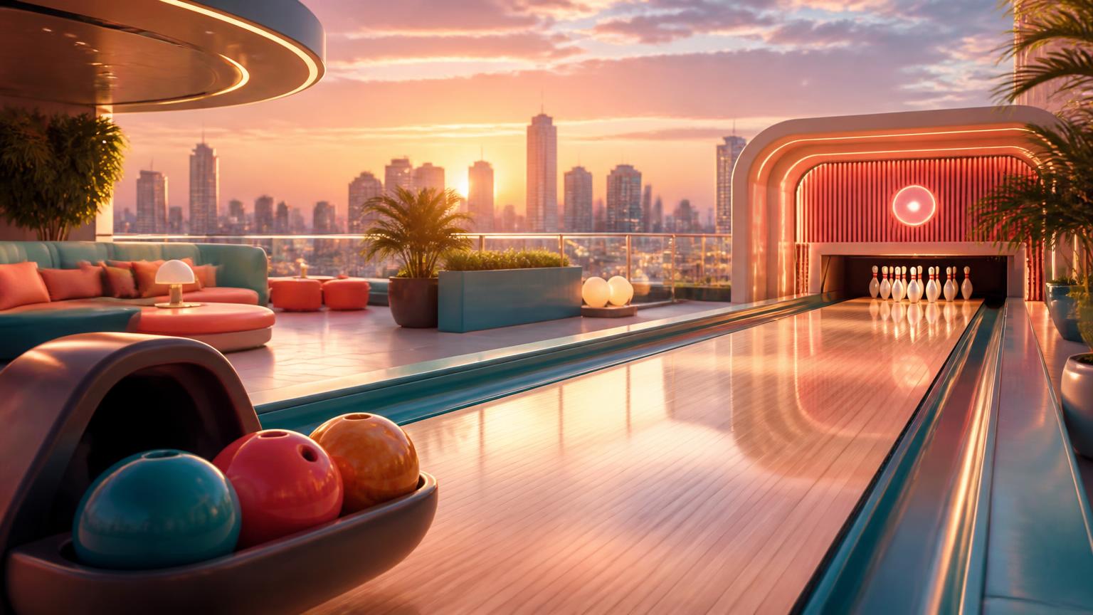A rooftop bowling lane at sunset with glossy bowling balls and a city skyline beyond
