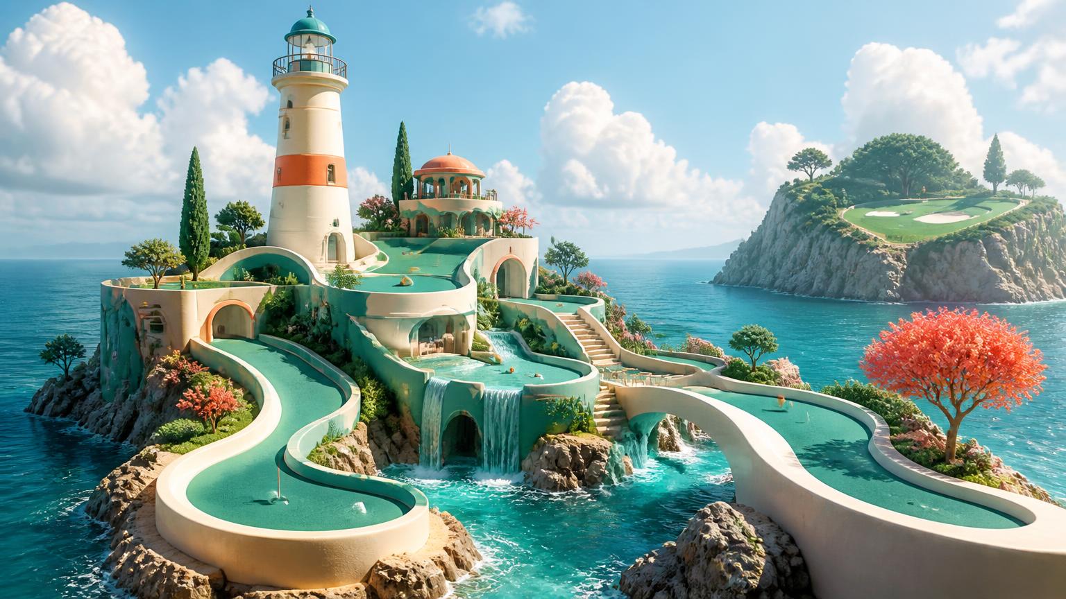 A stylised island mini-golf course with sculptural ramps, waterfalls and a lighthouse beside a coastal golf green