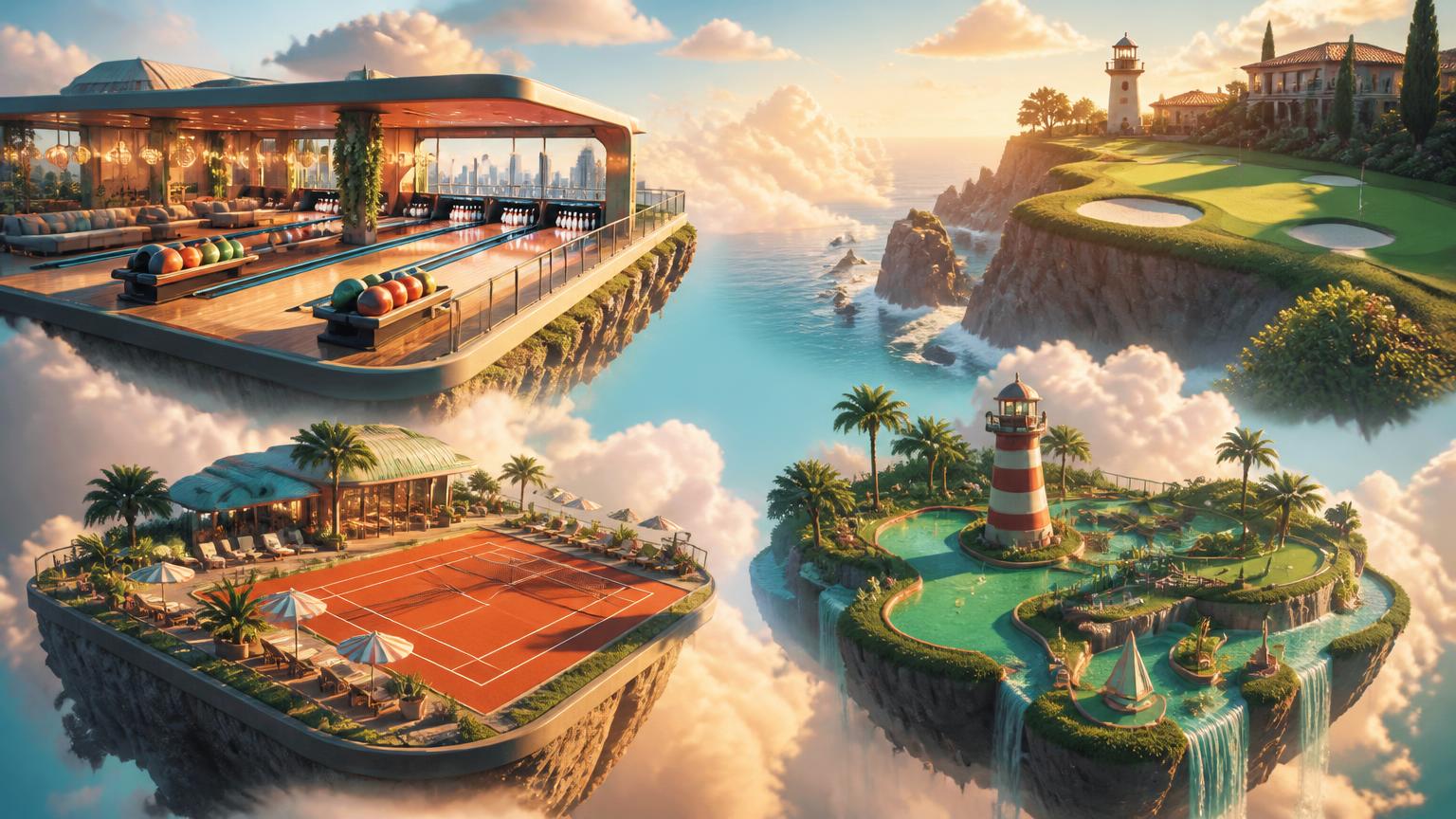 Floating diorama islands holding a rooftop bowling alley, a coastal golf green, a resort tennis court and a mini-golf island under a bright sky