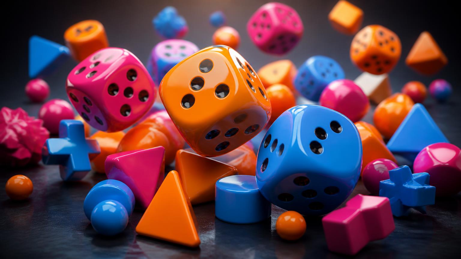 Oversized glossy dice and playful shapes tumbling in bright colour