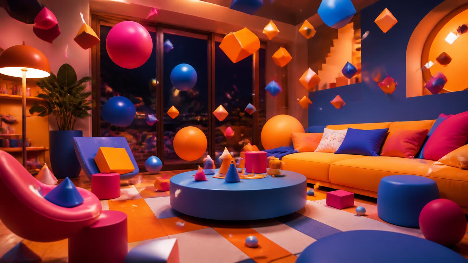 A bright living room filled with floating geometric party shapes in orange, blue and magenta