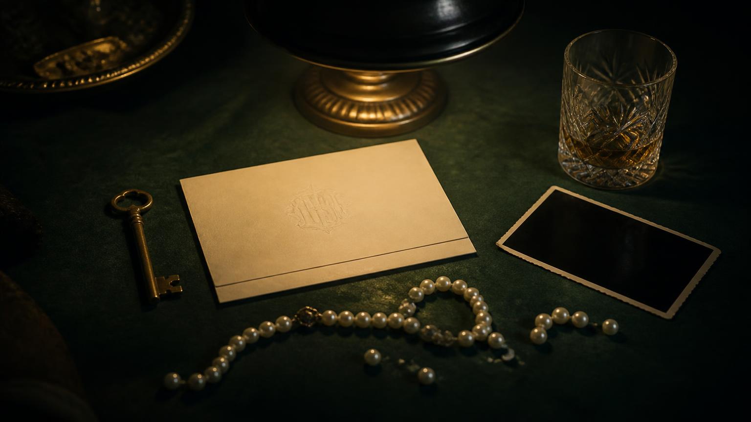 Evidence laid on dark green baize: a monogrammed letter, a brass key, broken pearls and a crystal tumbler