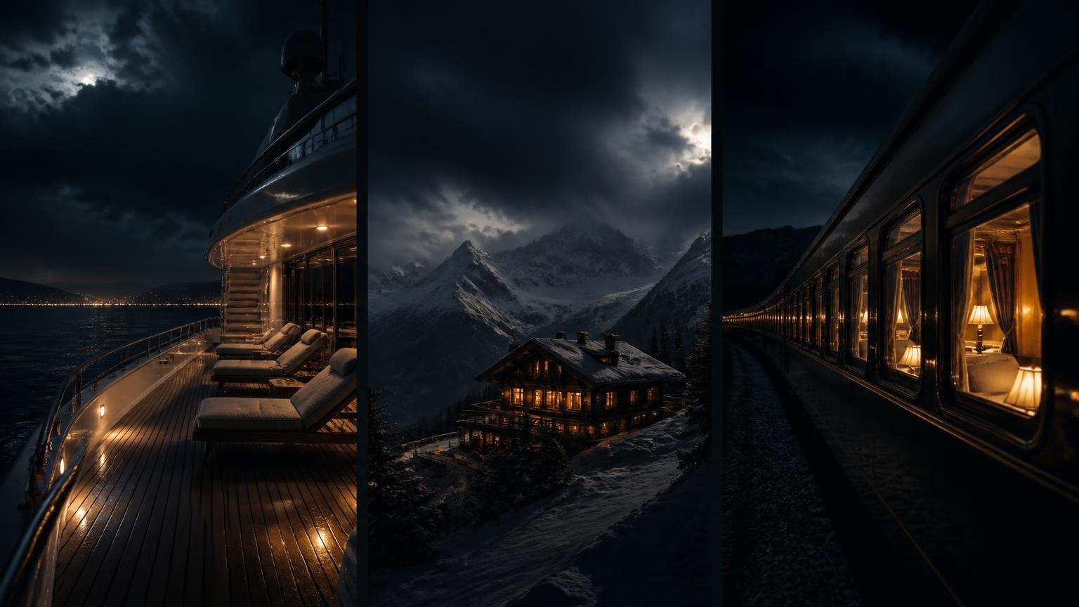 A triptych of mystery settings at night: a luxury yacht deck, a mountain ski lodge and a lit sleeper train