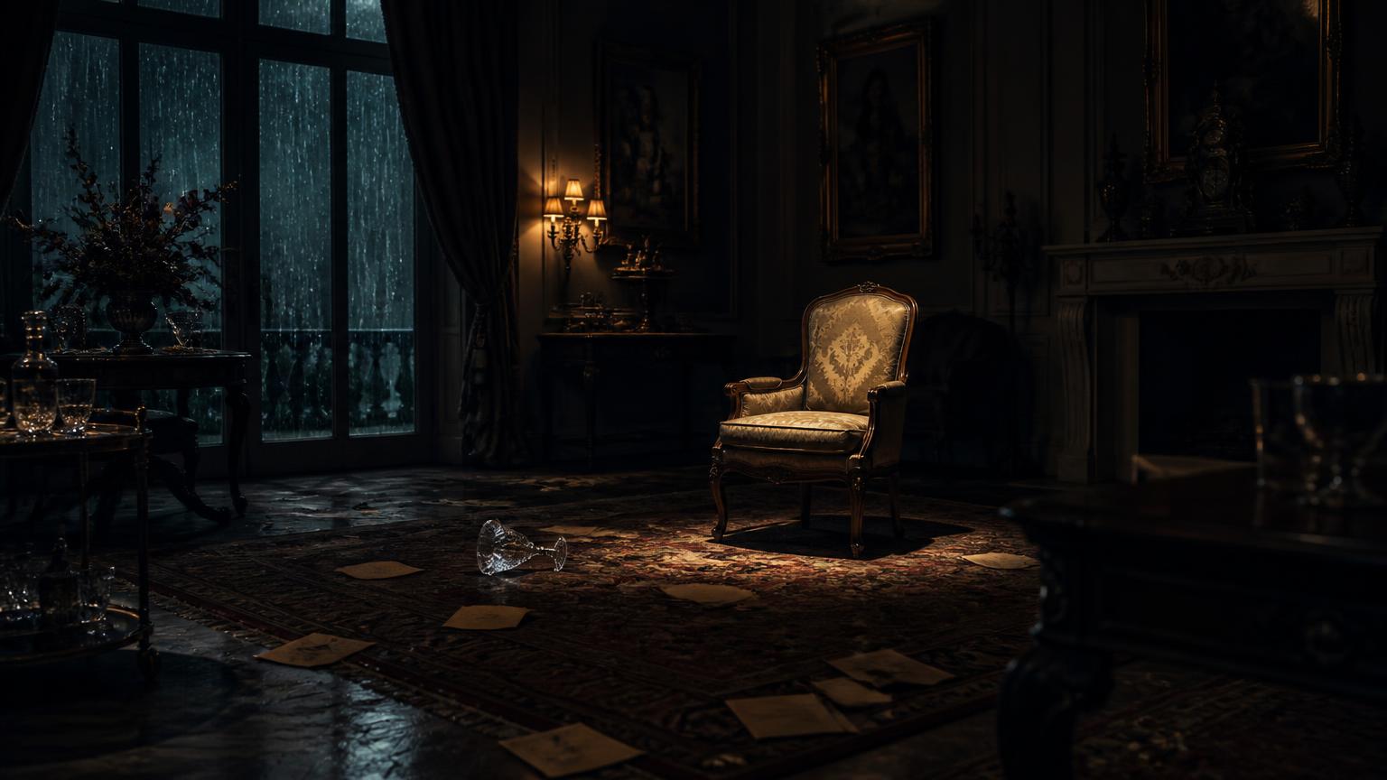 An opulent 1920s drawing room after a party, one spotlit chair, an overturned crystal glass and scattered letters
