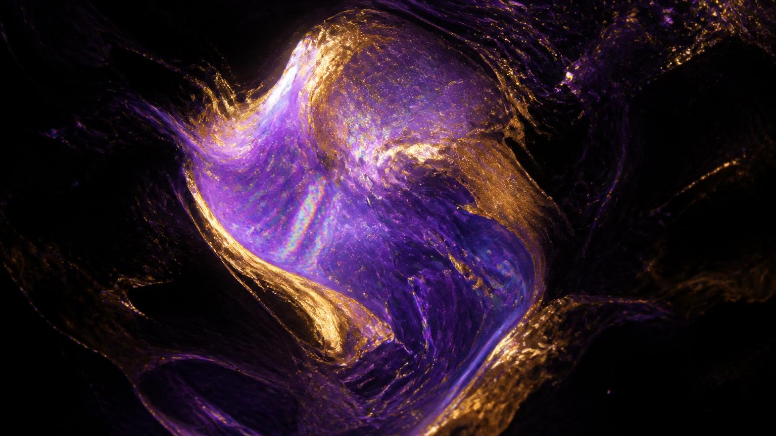 Luminous violet and gold paint suspended in dark liquid