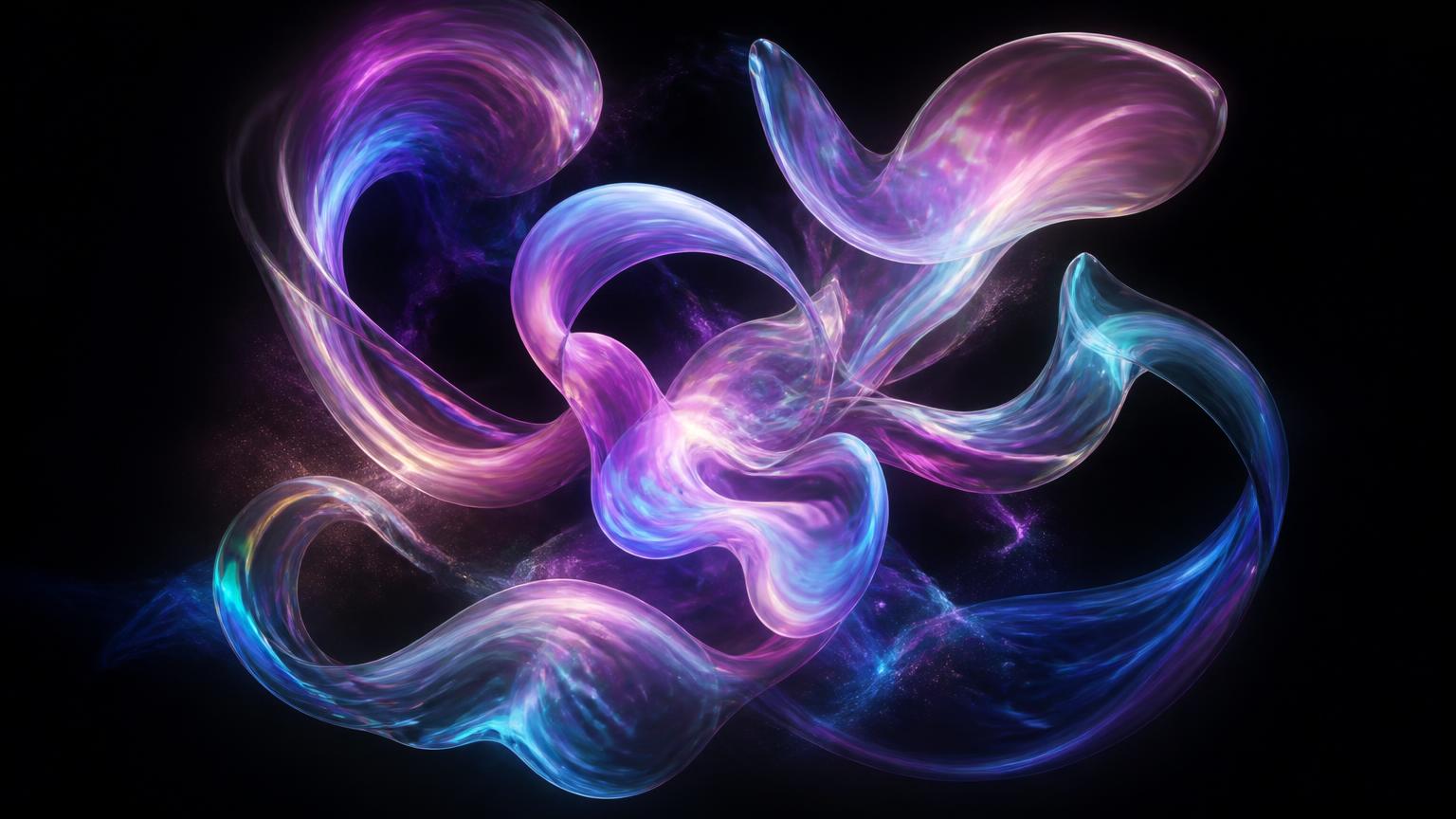 Iridescent violet and cyan liquid ribbons forming an abstract sculpture on black