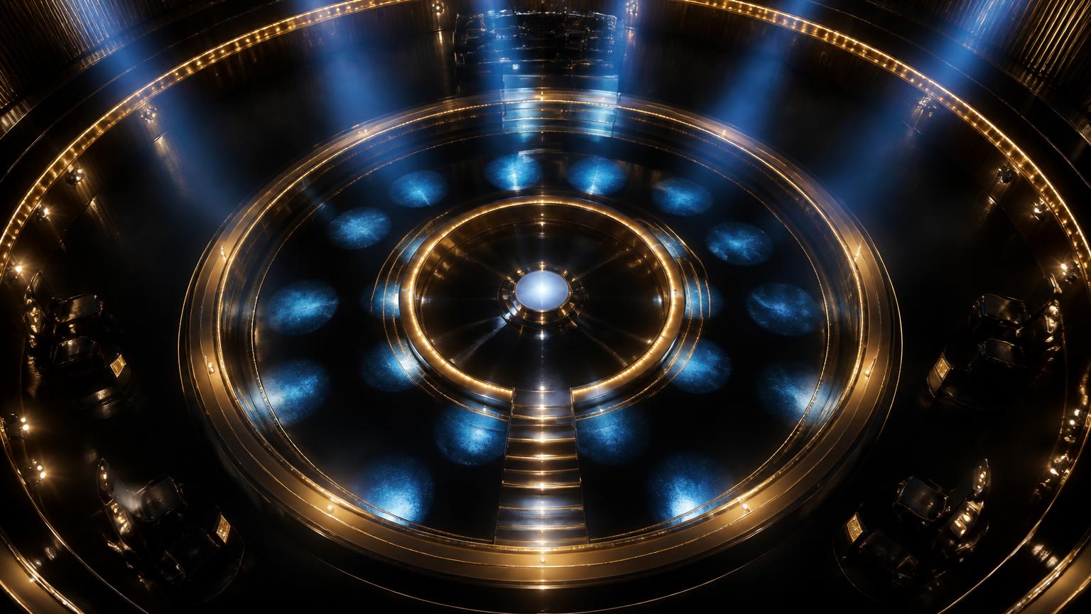 Overhead view of a studio floor with concentric gold light rings