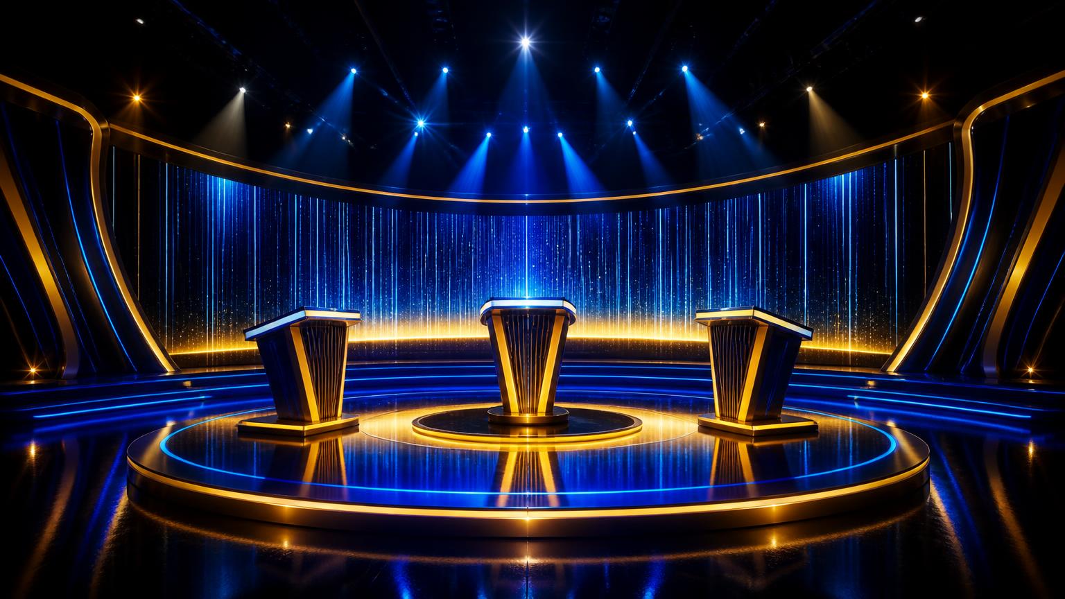 A dark broadcast studio stage with gold podiums and blue spotlight beams