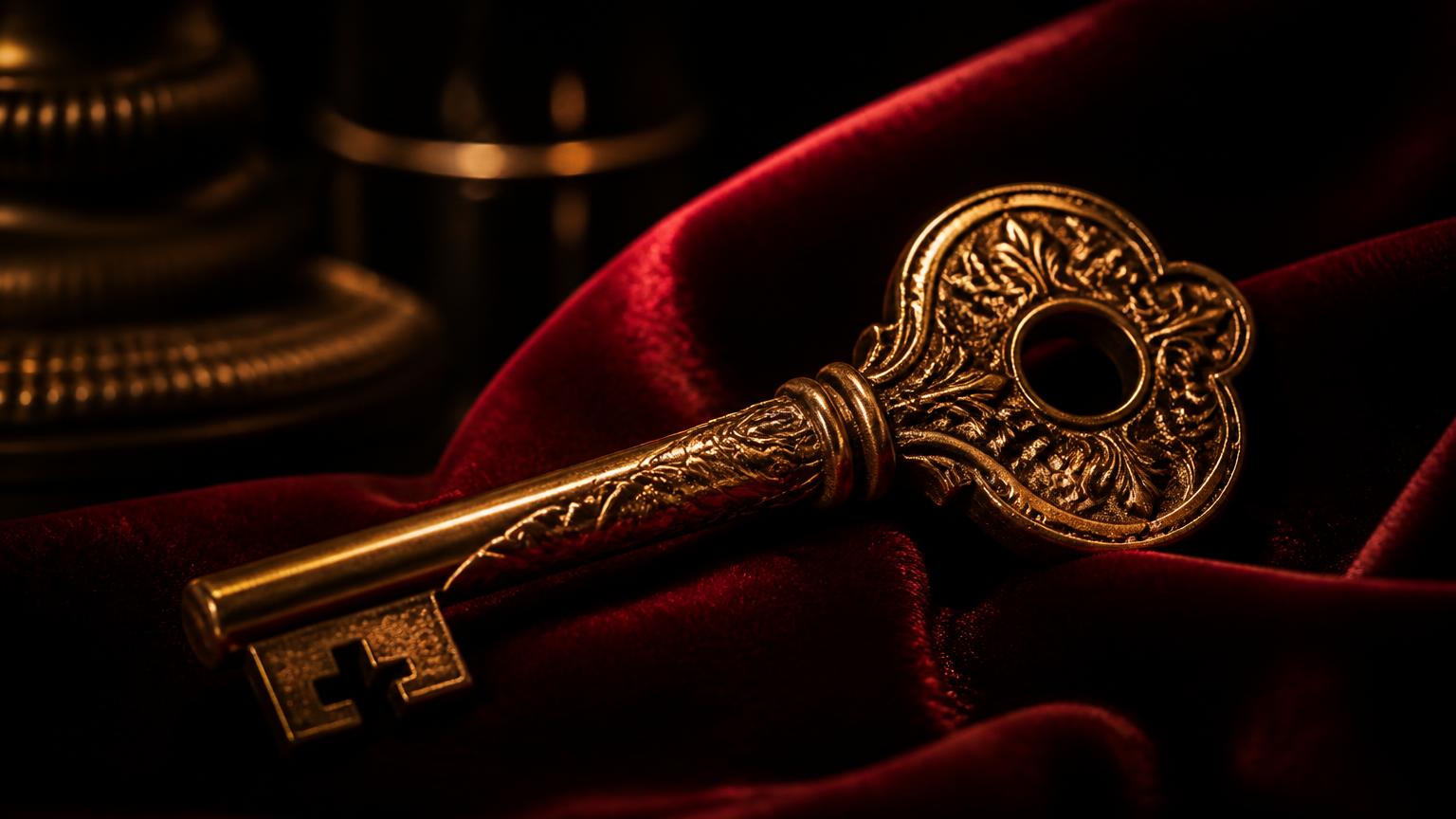 An ornate gold room key resting on deep red velvet under warm light