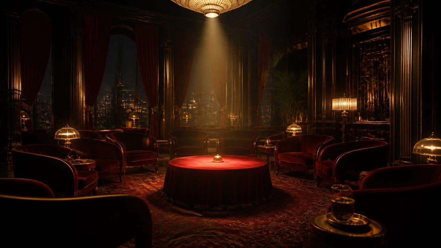 A deco hotel lounge at night in crimson velvet and gold light, chairs arranged around a spotlit table